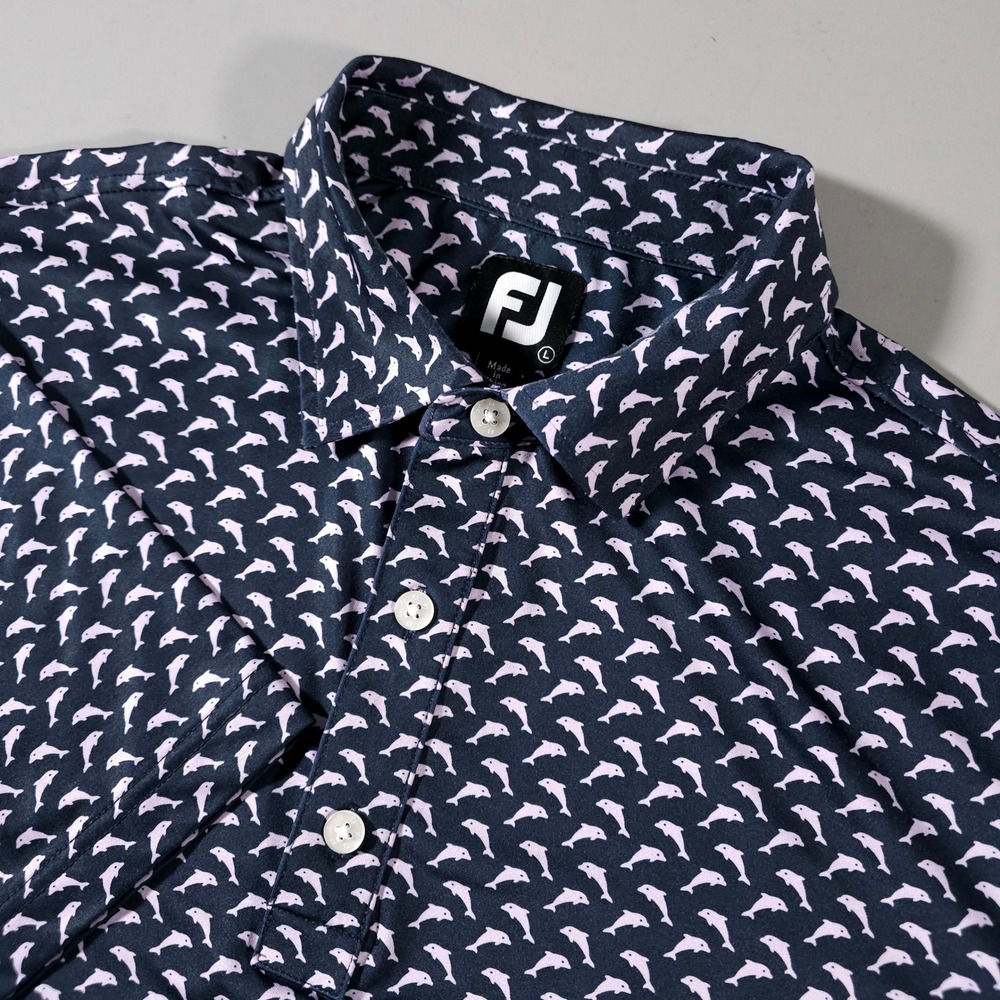 FootJoy Polo Shirt Mens Large L Navy Blue Dolphin‎ Print Performance Golf